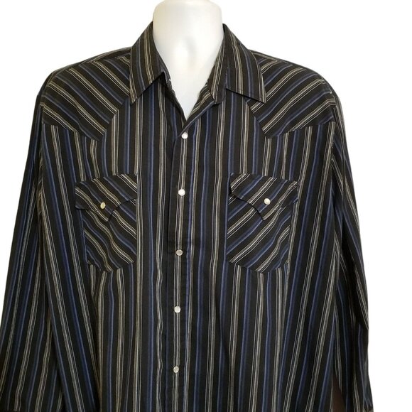 Plains Western Wear Other - Plains Vintage Western Wear Shirt Mens XL Pearl Snap Black Blue Stripe LS
